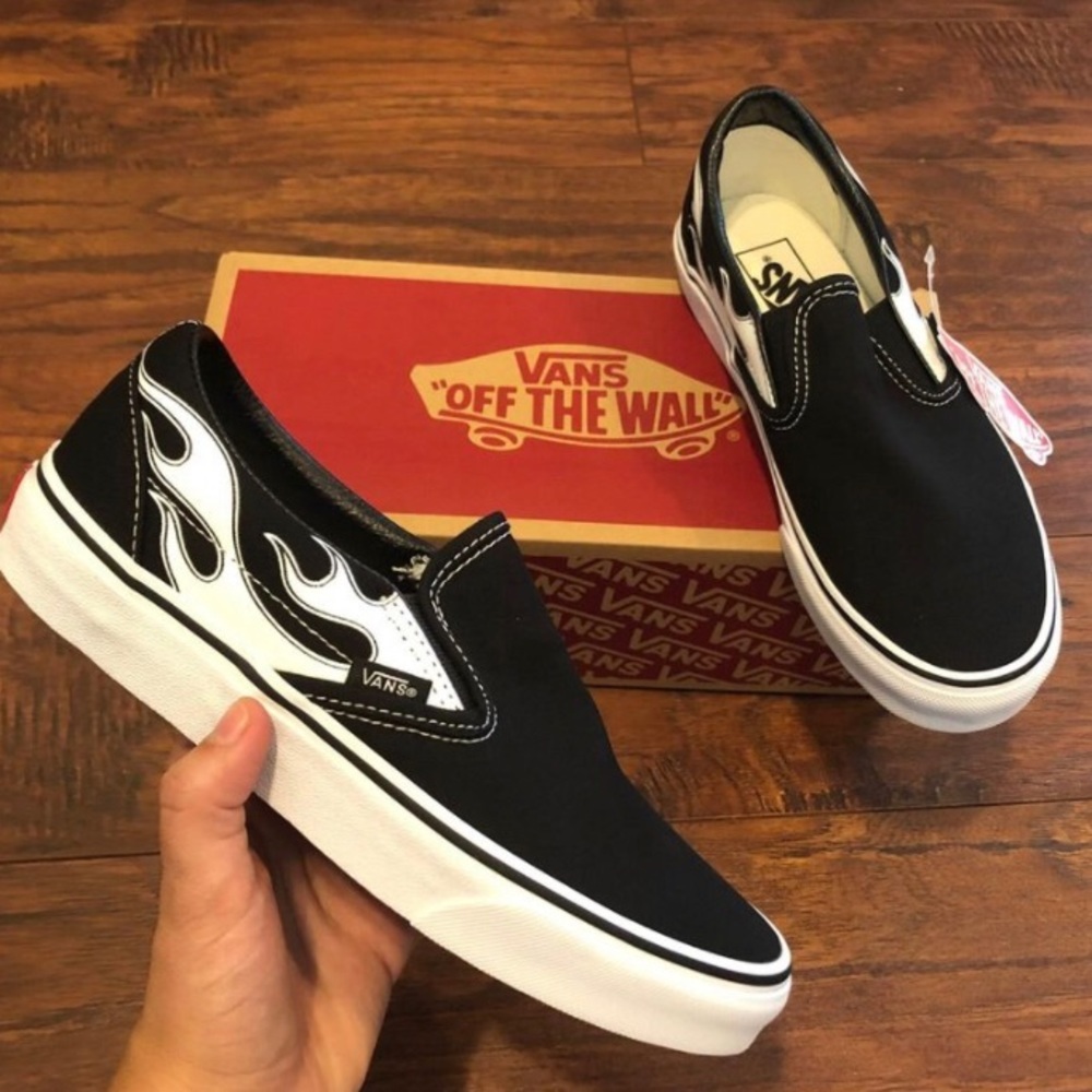 Vans Black and White Flame Slip-On Sneakers